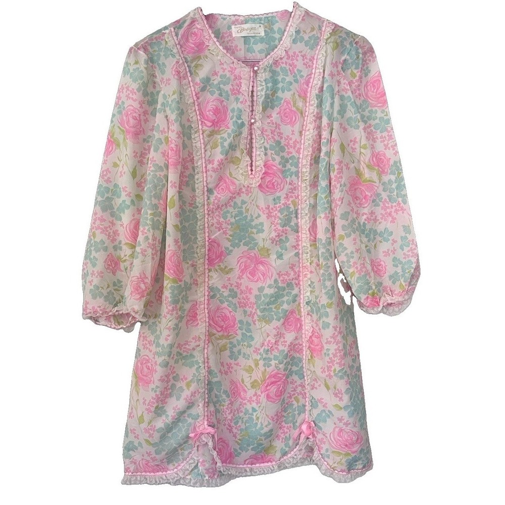 Vtg Barbizon Cherie Women's  1980s Floral Nightgown Medium Pink Roses Lace Trim